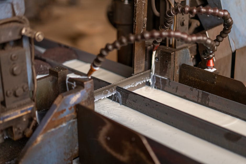 Close-up view of an industrial metal cutting machine in operation with coolant flowing.