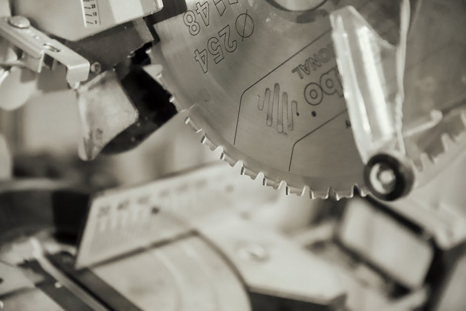 Detailed view of a circular saw blade in an industrial workshop, showcasing precision and craftsmanship.