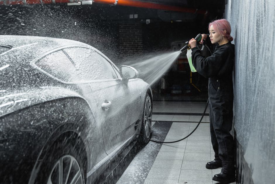 An Asian woman using a pressure washer to clean a car at an indoor car wash facility.